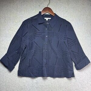 Chicos Blouse Top Womens 2 (12) Eyelet Cutout Lace Navy Blue Long Sleeve Button